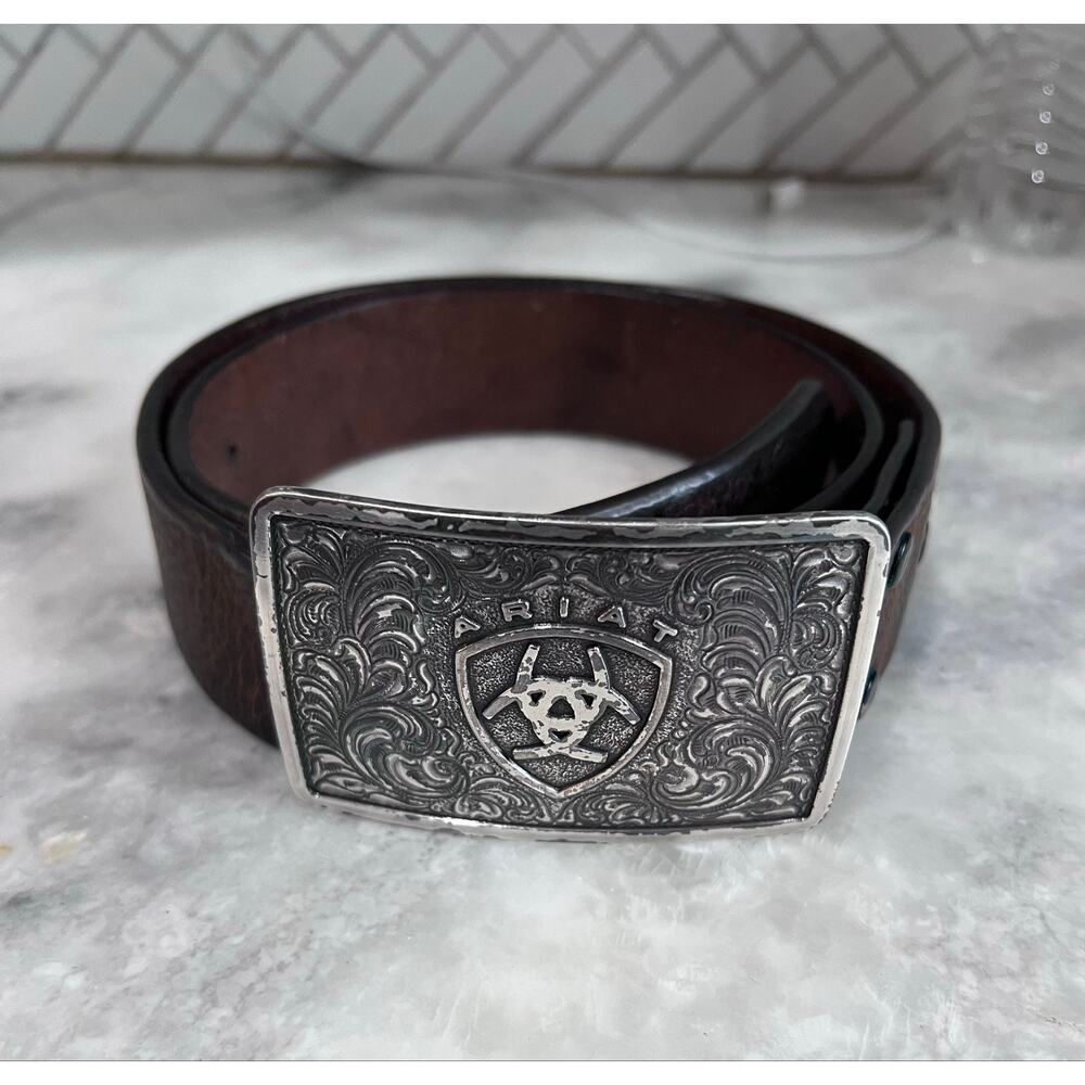 Ariat Western Leather Belt Size 36 Brown Engraved Buckle Cavender’s